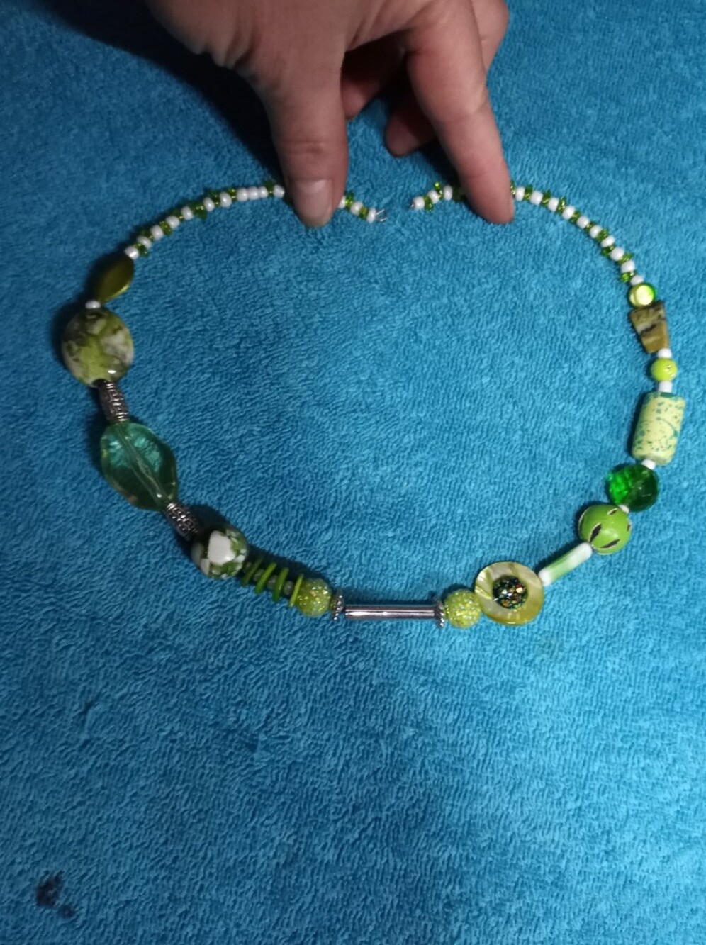Handmade Green And White Bead Statement Necklace On Memory Wire